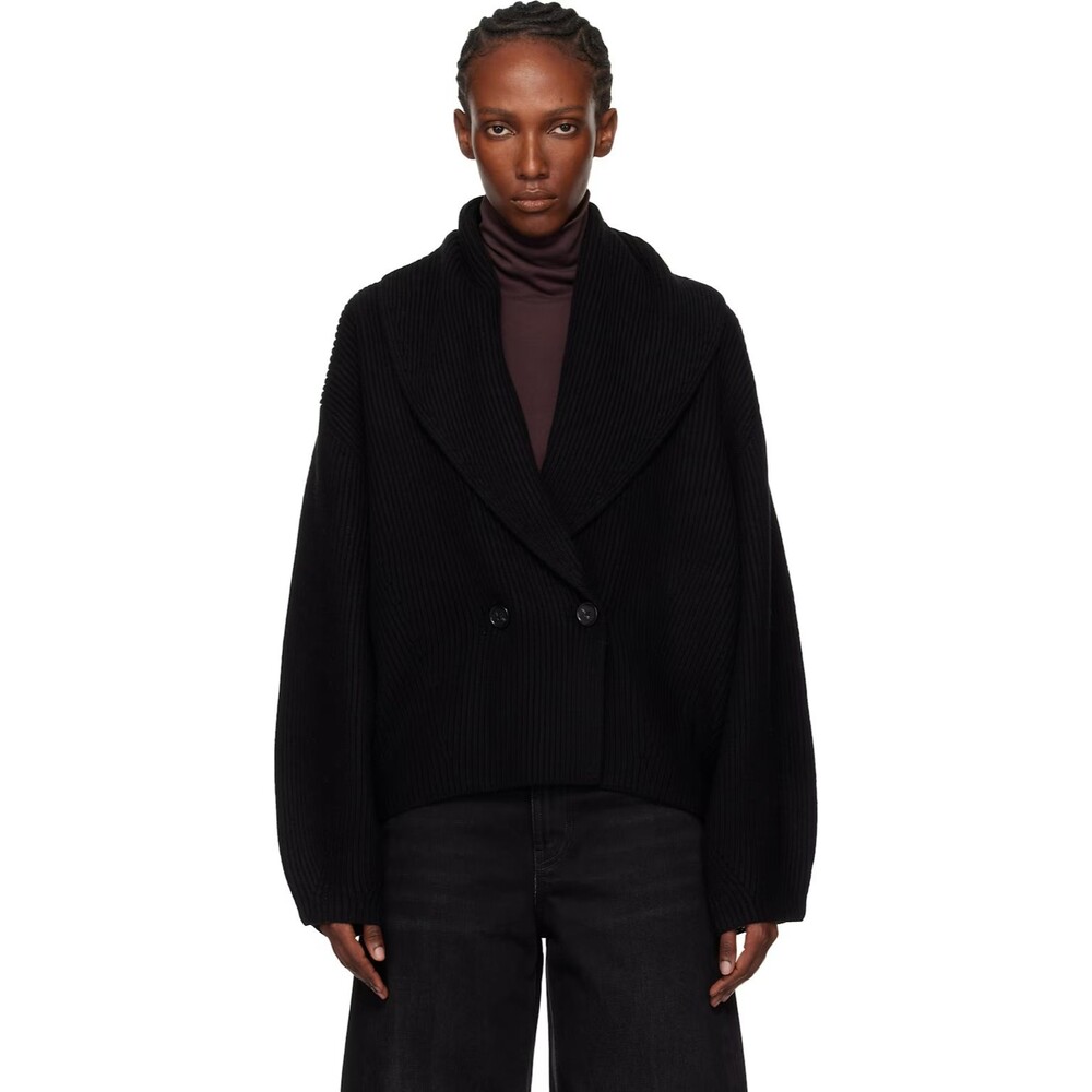Toteme Women's Black Cardigan Sweater Shawl Lapel Double Breasted Wool Size XL